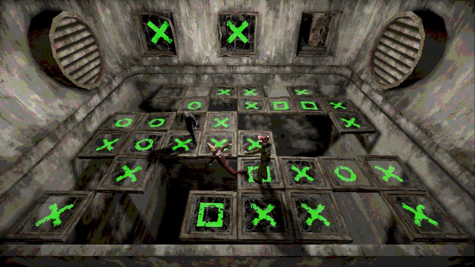 Official Steam store screenshot showing two figures on symbol-marked floor tiles in a dim industrial room.