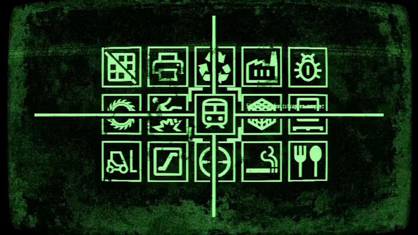 Official Steam store screenshot of a green CRT-style screen showing a grid of activity symbols.