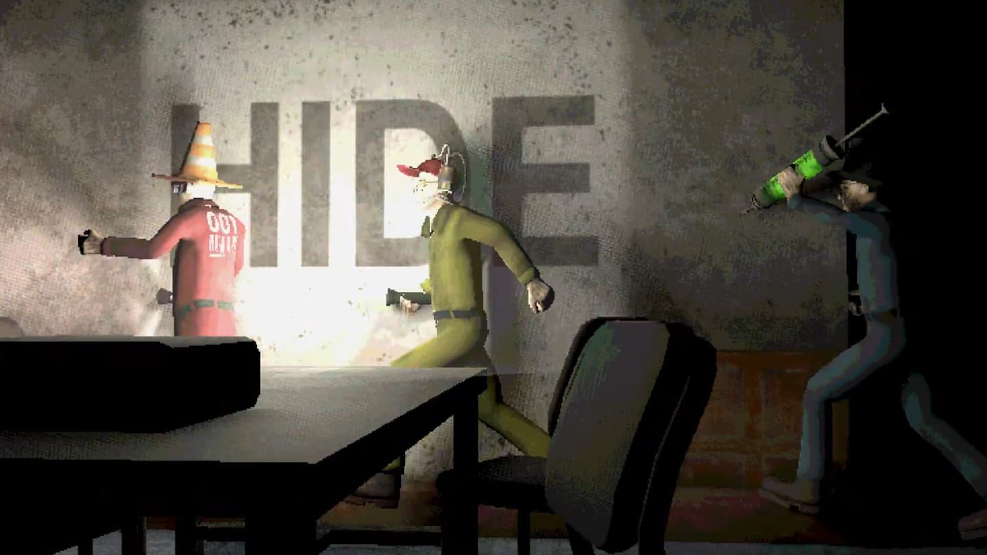 Official Steam store screenshot of three Machine Party characters in a dim room, with a bright wall sign behind them.