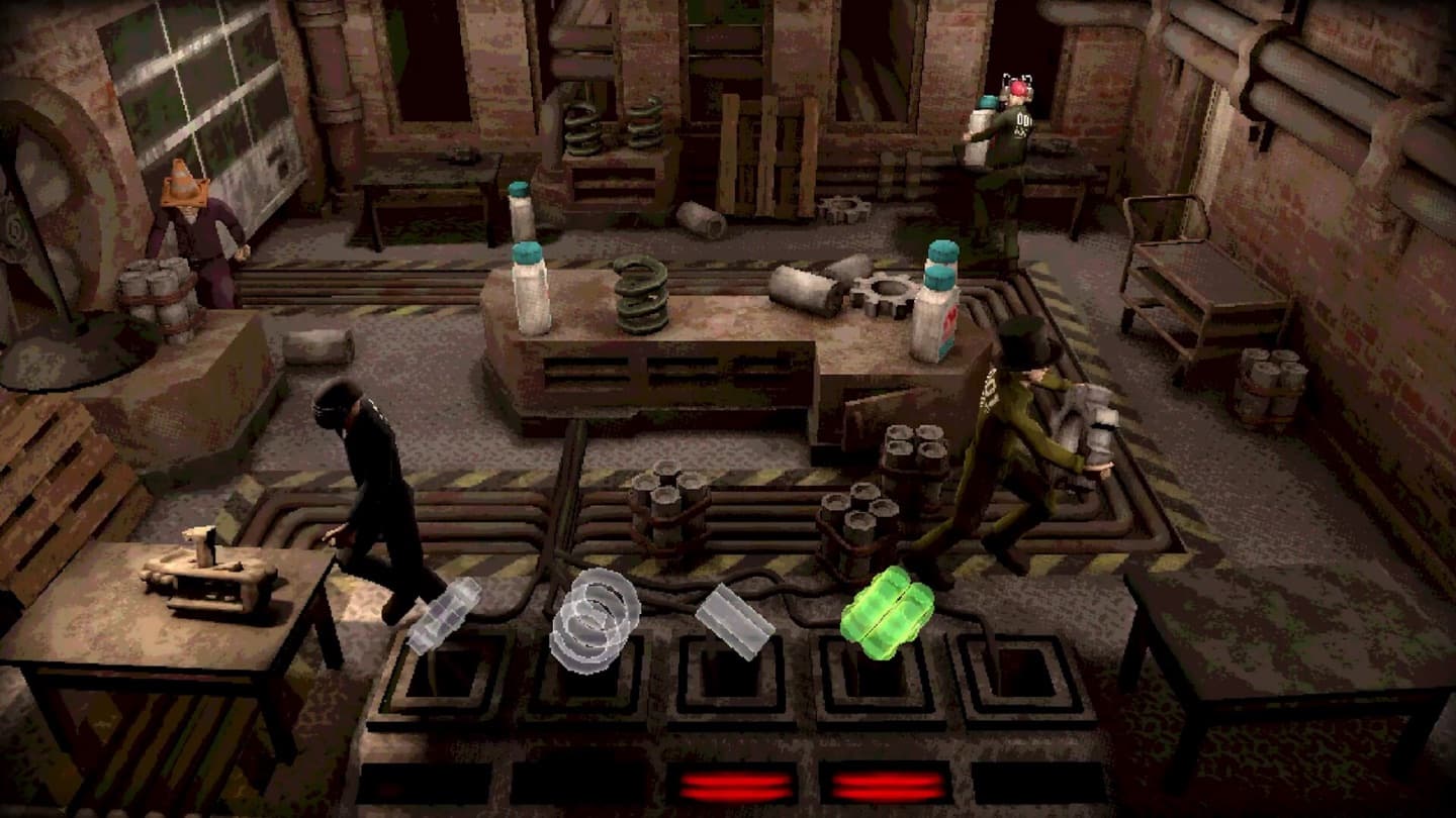 Official Steam store screenshot of several Machine Party characters gathered around industrial worktables, with loose parts along the foreground.